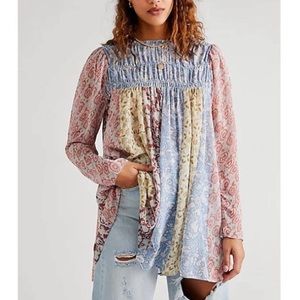 Free People Merrie Mix Print Colorblock Colorful Tunic Top Ruffle Neck Detail
